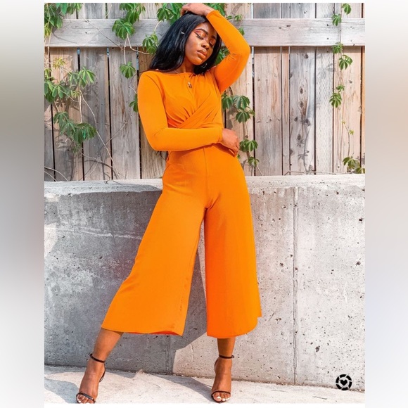 Boohoo Pants - Orange long-sleeve Wrap Front Jumpsuit